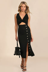 Trend Seeker Black Ribbed Twist-Front Cutout Midi Dress