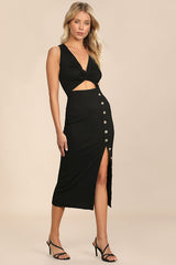 Trend Seeker Black Ribbed Twist-Front Cutout Midi Dress