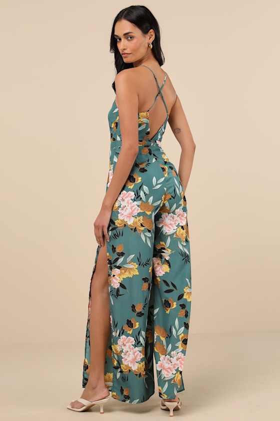 Beautiful Blooms Teal Green Floral Print Wide-Leg Jumpsuit