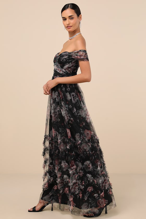 Ideal Beauty Black Floral Mesh Off-the-Shoulder Maxi Dress