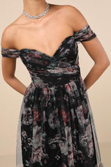 Ideal Beauty Black Floral Mesh Off-the-Shoulder Maxi Dress