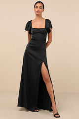 Ultimate Sweetness Black Satin Flutter Sleeve Maxi Dress