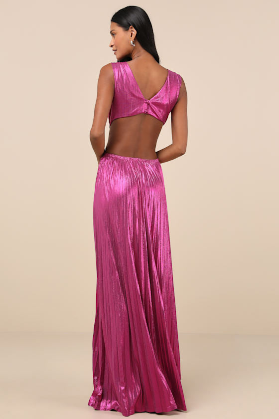 Shining Luxury Magenta Metallic Lurex Cutout Maxi Dress