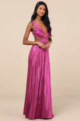 Shining Luxury Magenta Metallic Lurex Cutout Maxi Dress