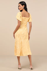 Effervescent Afternoon Yellow Satin Flutter Sleeve Midi Dress