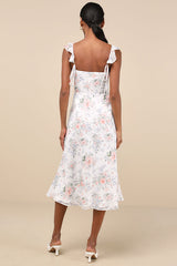 Delightful Direction White Floral Ruffled Tie-Strap Midi Dress