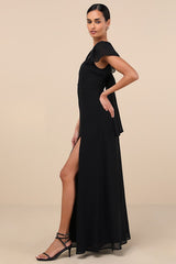 Simply Delightful Black Tie-Back Flutter Sleeve Maxi Dress