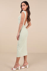 Chic Existence Ivory and Green Striped Backless Midi Dress