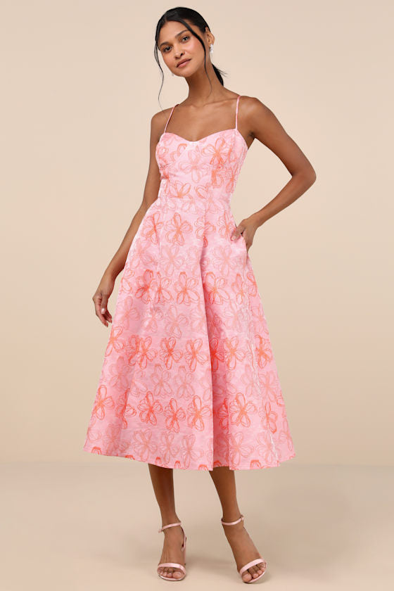Meet for Tea Pink Jacquard Bustier Midi Dress With Pockets