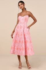 Meet for Tea Pink Jacquard Bustier Midi Dress With Pockets
