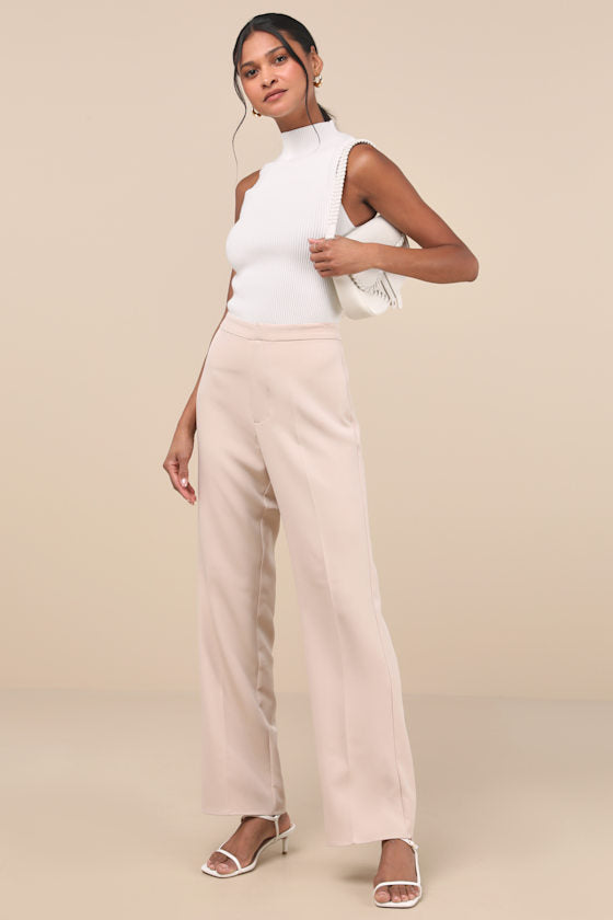 Chic Muse Beige High-Rise Straight Leg Trouser Pants