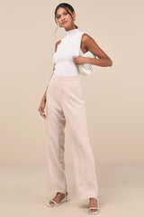 Chic Muse Beige High-Rise Straight Leg Trouser Pants
