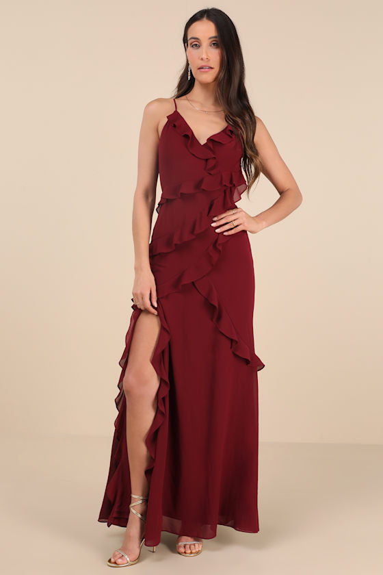 Fancy Sweetness Wine Red Ruffled Lace-Up Sleeveless Maxi Dress