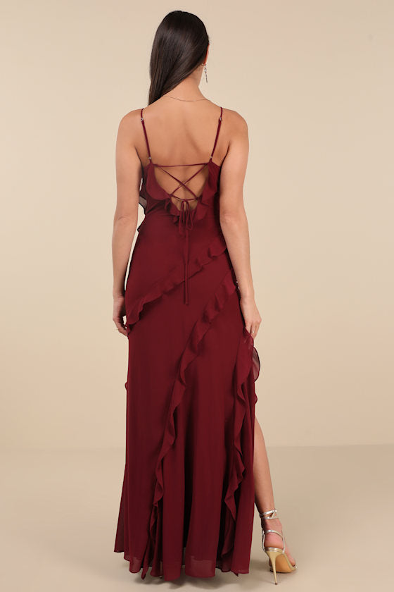 Fancy Sweetness Wine Red Ruffled Lace-Up Sleeveless Maxi Dress