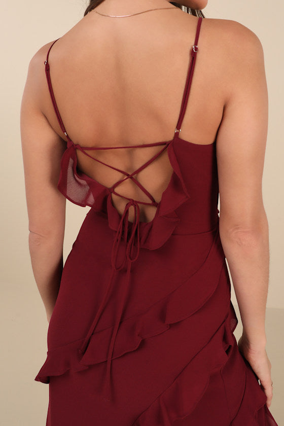 Fancy Sweetness Wine Red Ruffled Lace-Up Sleeveless Maxi Dress