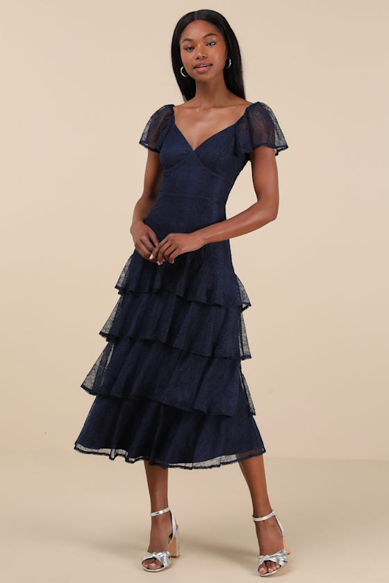 Graceful Darling Navy Lace Flutter Sleeve Tiered Midi Dress