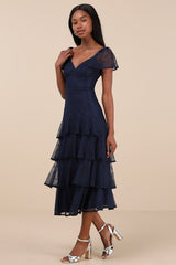 Graceful Darling Navy Lace Flutter Sleeve Tiered Midi Dress
