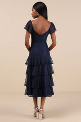 Graceful Darling Navy Lace Flutter Sleeve Tiered Midi Dress