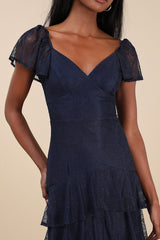 Graceful Darling Navy Lace Flutter Sleeve Tiered Midi Dress