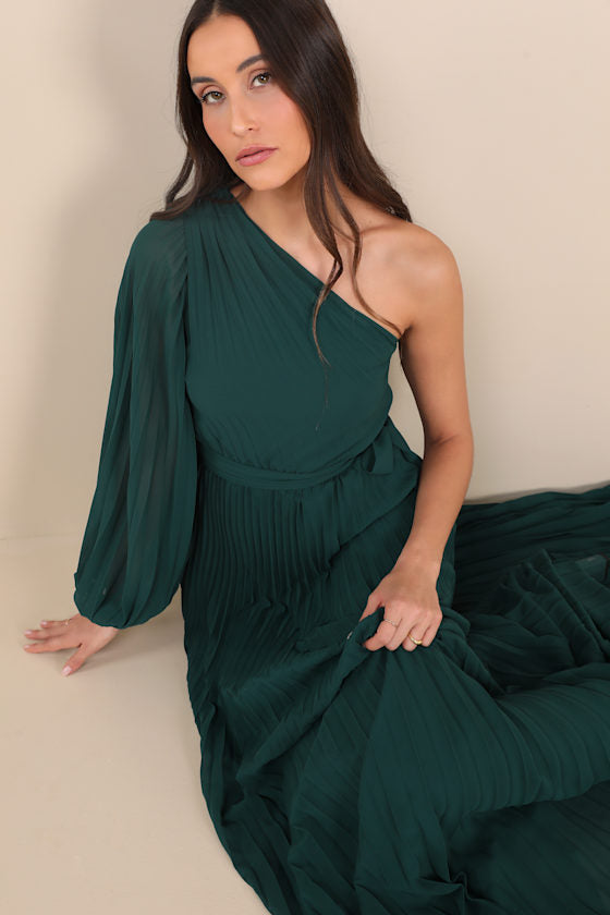Divine Charm Emerald Green One-Shoulder Maxi Dress