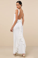 Exquisite Refinement Ivory Backless Bow Ruffled Maxi Dress