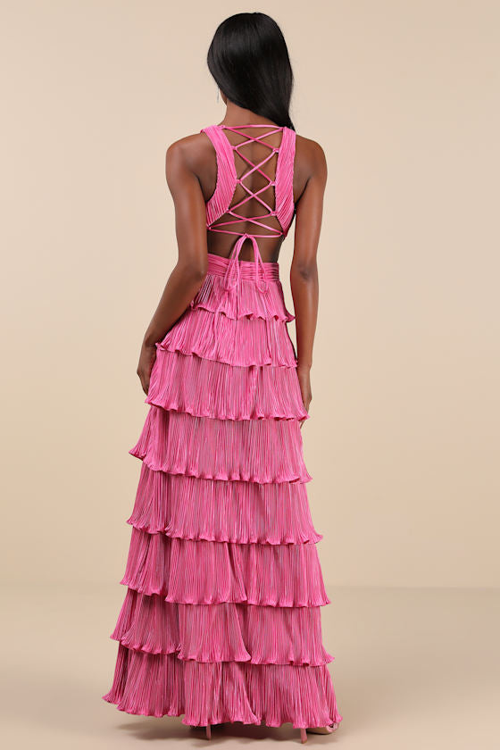 Beauty Icon Pink Satin Pleated Tiered Lace-Up Maxi Dress