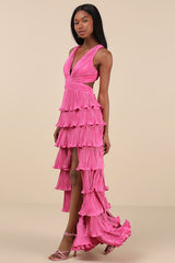 Beauty Icon Pink Satin Pleated Tiered Lace-Up Maxi Dress