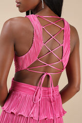 Beauty Icon Pink Satin Pleated Tiered Lace-Up Maxi Dress