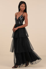 Maydon Black Tulle Sequin Tiered Maxi Dress