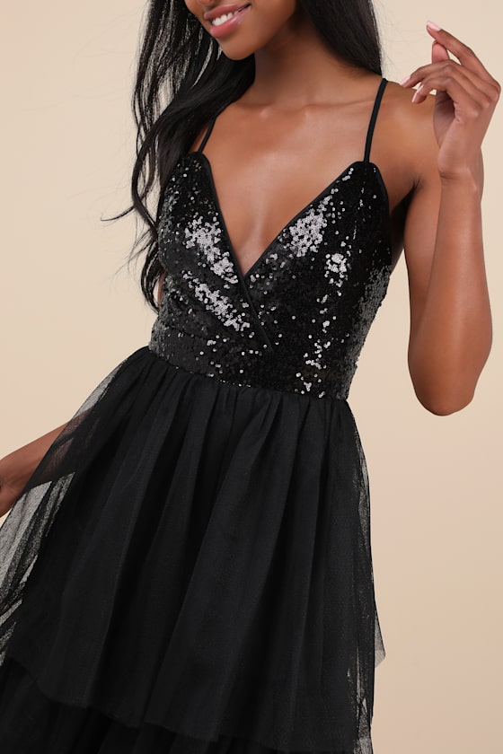 Maydon Black Tulle Sequin Tiered Maxi Dress