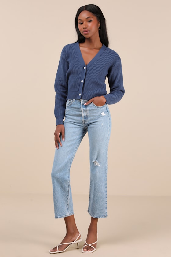 Toasty Babe Dark Blue Knit Button-Up Cropped Cardigan