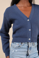 Toasty Babe Dark Blue Knit Button-Up Cropped Cardigan