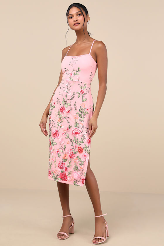 Blooming For Love Pink Floral Embroidered Midi Dress