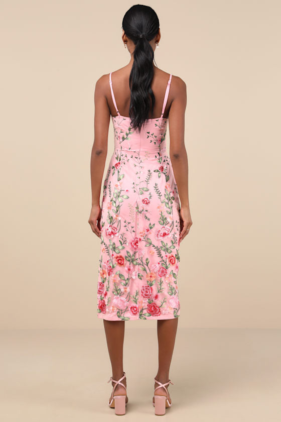 Blooming For Love Pink Floral Embroidered Midi Dress