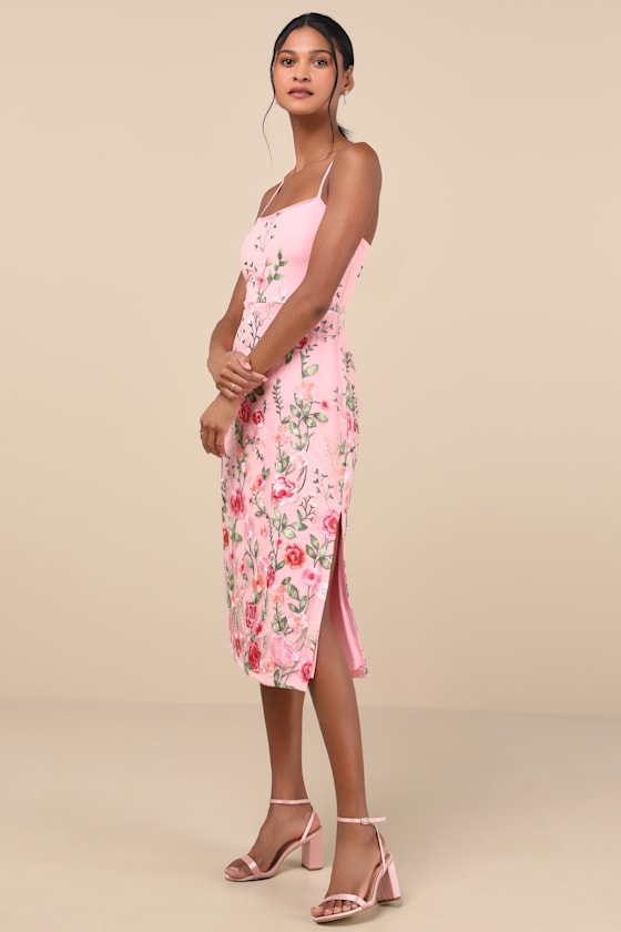 Blooming For Love Pink Floral Embroidered Midi Dress