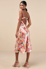 Sensational Spirit Peach Multi Floral Satin Tie-Back Midi Dress
