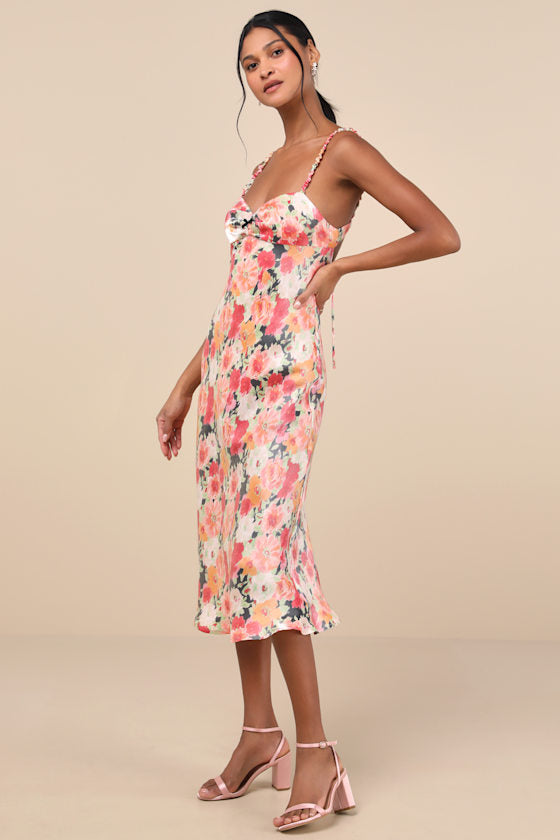 Sensational Spirit Peach Multi Floral Satin Tie-Back Midi Dress