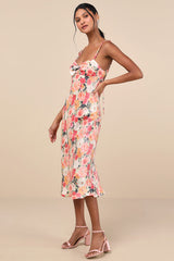 Sensational Spirit Peach Multi Floral Satin Tie-Back Midi Dress