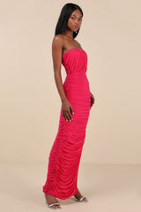Illy Hot Pink Mesh Strapless Maxi Dress