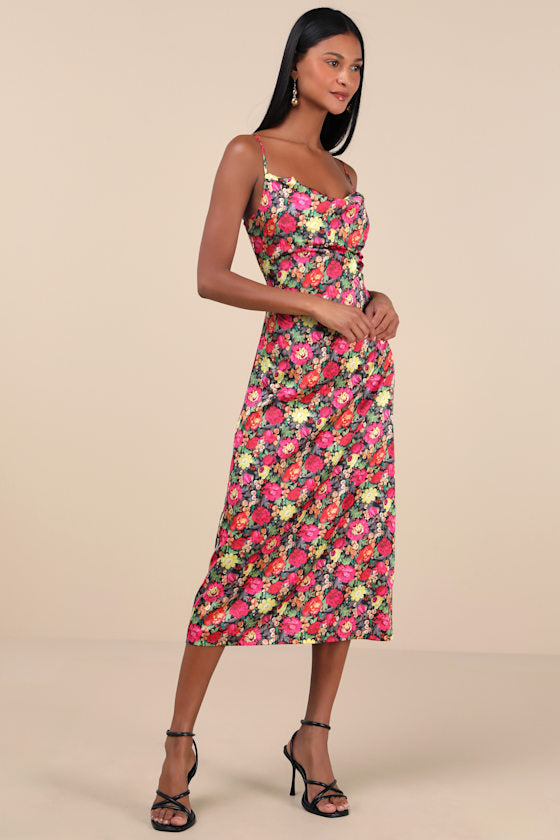 Favorite Icon Black Multi Floral Satin Cowl Neck Slip Midi Dress