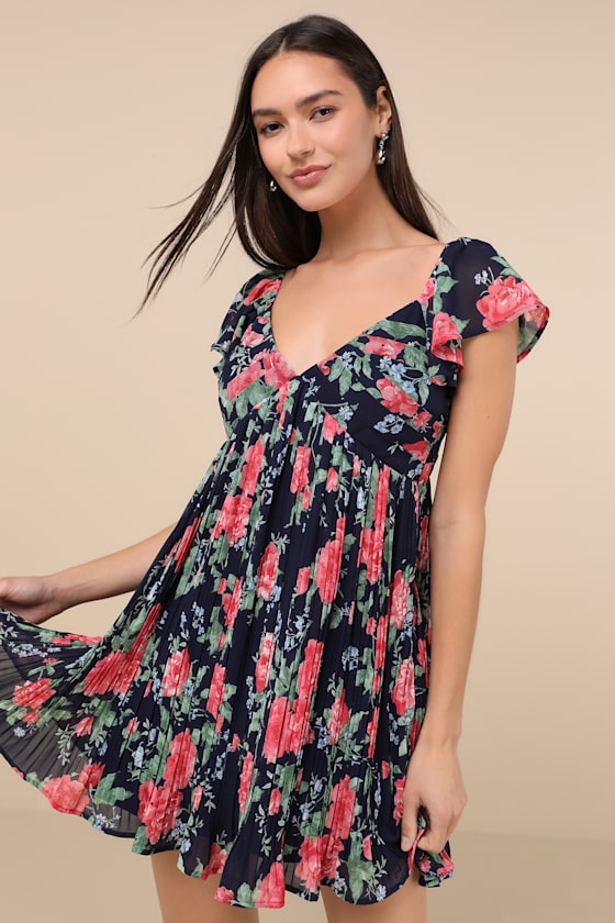Amalfi Coast Dark Navy Floral Pleated Flutter Sleeve Mini Dress