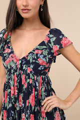 Amalfi Coast Dark Navy Floral Pleated Flutter Sleeve Mini Dress