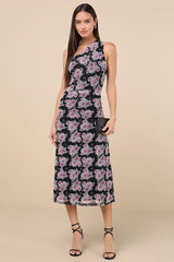 Outstanding Mood Black Floral Slinky Knit One-Shoulder Dress