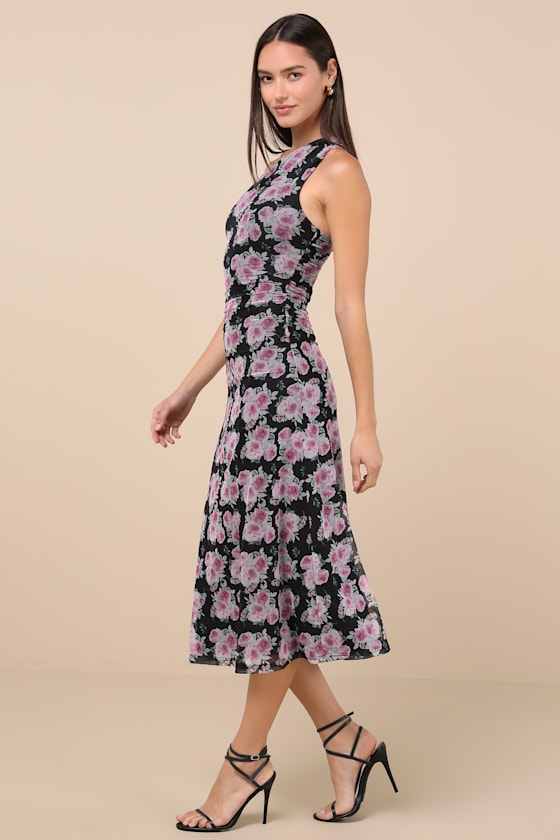 Outstanding Mood Black Floral Slinky Knit One-Shoulder Dress