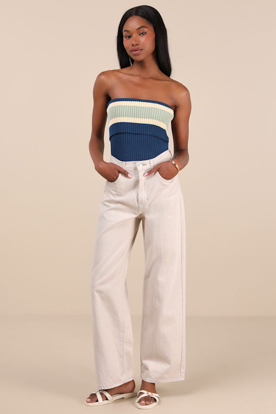 Sunny Signs Navy Striped Ribbed Knit Strapless Top