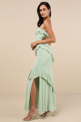Dramatic Allure Sage Green Ruffled Cutout Strapless Maxi Dress