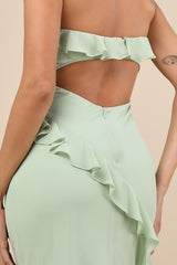 Dramatic Allure Sage Green Ruffled Cutout Strapless Maxi Dress
