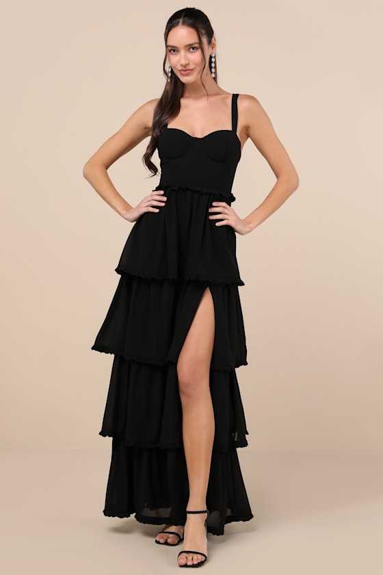 Sophisticated Occasion Black Bustier Lace-Up Maxi Dress