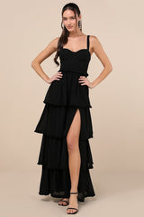 Sophisticated Occasion Black Bustier Lace-Up Maxi Dress