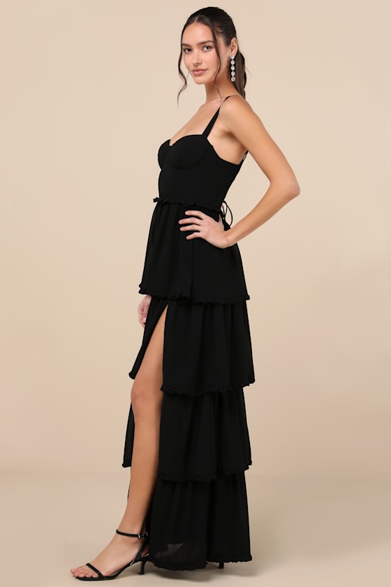 Sophisticated Occasion Black Bustier Lace-Up Maxi Dress